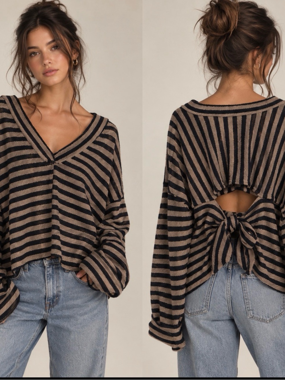 Free People Beach Sweatshirt Stripes Black Tan Open Back Tie Oversized Boho Sz L